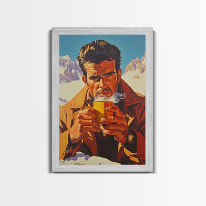 Cowboy Drinking Coffee in Winter Cabin Framed Canvas Print - Cozy Christmas Wall Art 2024 Rustic Holiday Decor