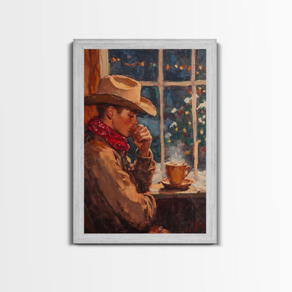 Cowboy in Snow with Coffee Framed Canvas Print - Winter Country Scene Art 2024 Cozy Christmas Wall Decor and Gift Idea
