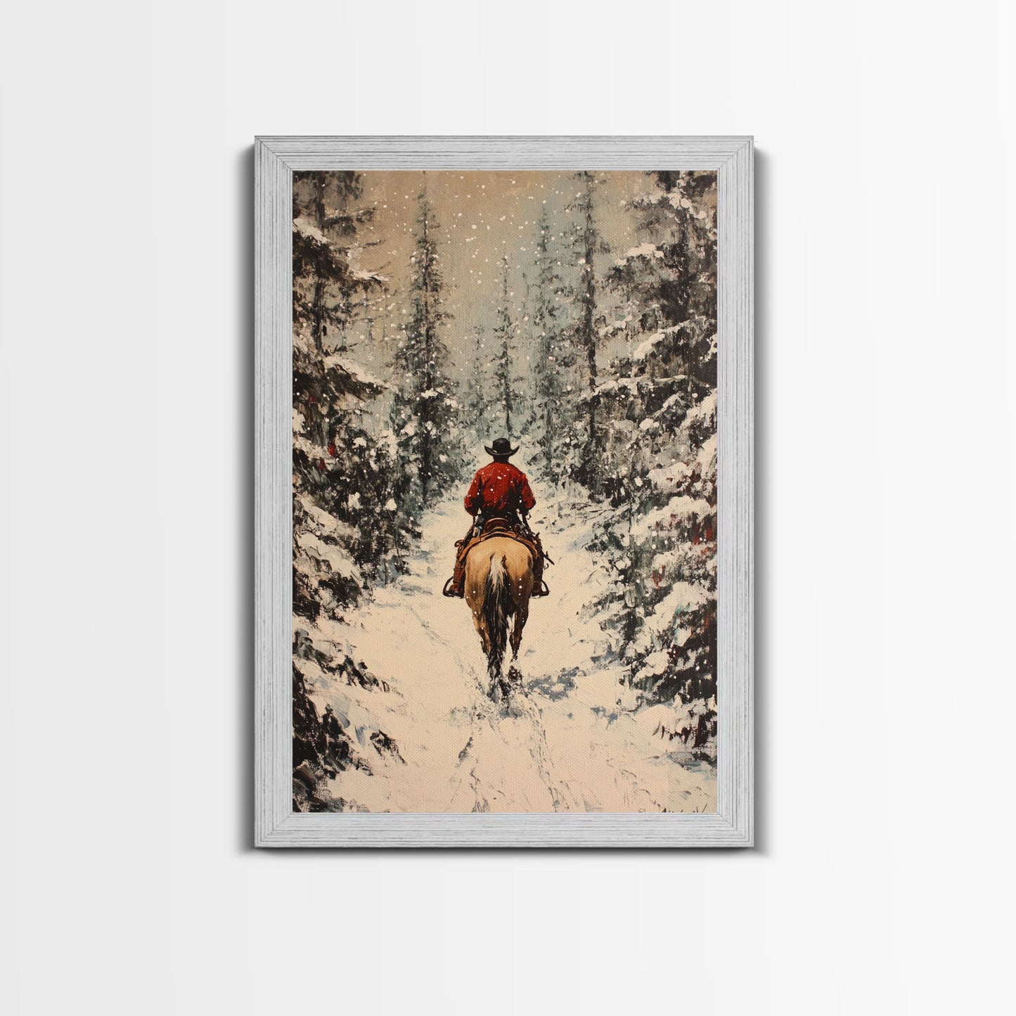 Cowboy on Horseback in Golden Autumn Trees Framed Canvas Print Rustic Christmas Wall Art Fall Decor Country Christmas Gift Seasonal Wall Art