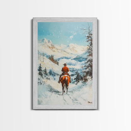Cowboy reitet durch verschneite Berge – Gerahmter Leinwanddruck – Weihnachtswandbild – Winterwunderland-Dekoration – Saisonale Wanddekoration – Geschenkidee zu Weihnachten