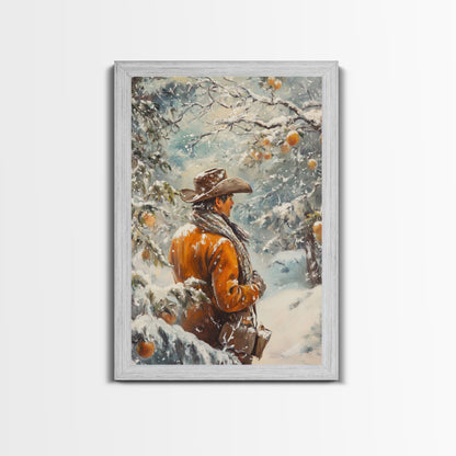 Cowboy in Snowy Orchard Canvas Print with Frosty, Christmas Wall Art Gift, Seasonal Decor, Winter Wonderland, Holiday Decor, Canvas Print
