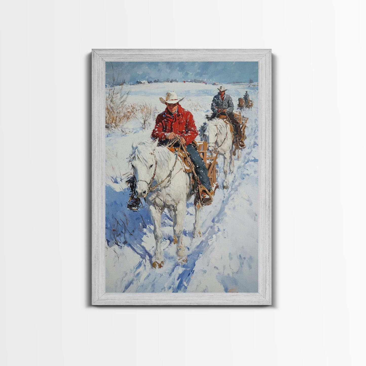 Cowboy Riding Horses in Snow Canvas Print, Winter Wall Art, Rustic Christmas Decor, Holiday Gift Idea, Seasonal Art, Framed Canvas Print