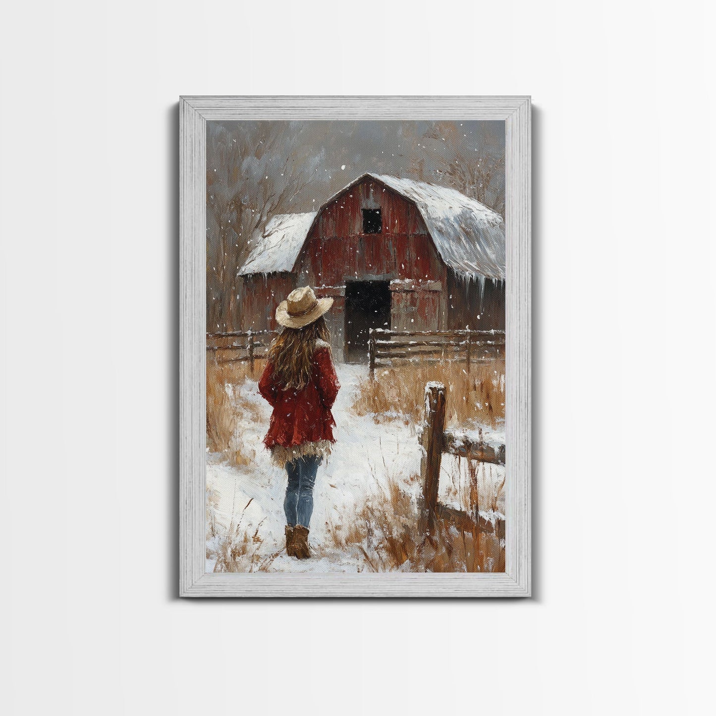 Country Girl with Falling Leaves Canvas Print, Autumn Wall Art, Farmhouse Holiday Decor, Fall Decor, Trendy Wall Art, Framed Canvas Print