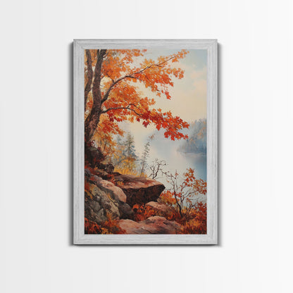 Fall In The Virginia Mountains - Framed Canvas Print - Autumn Leaves Falling On The Mountain Lake Landscape