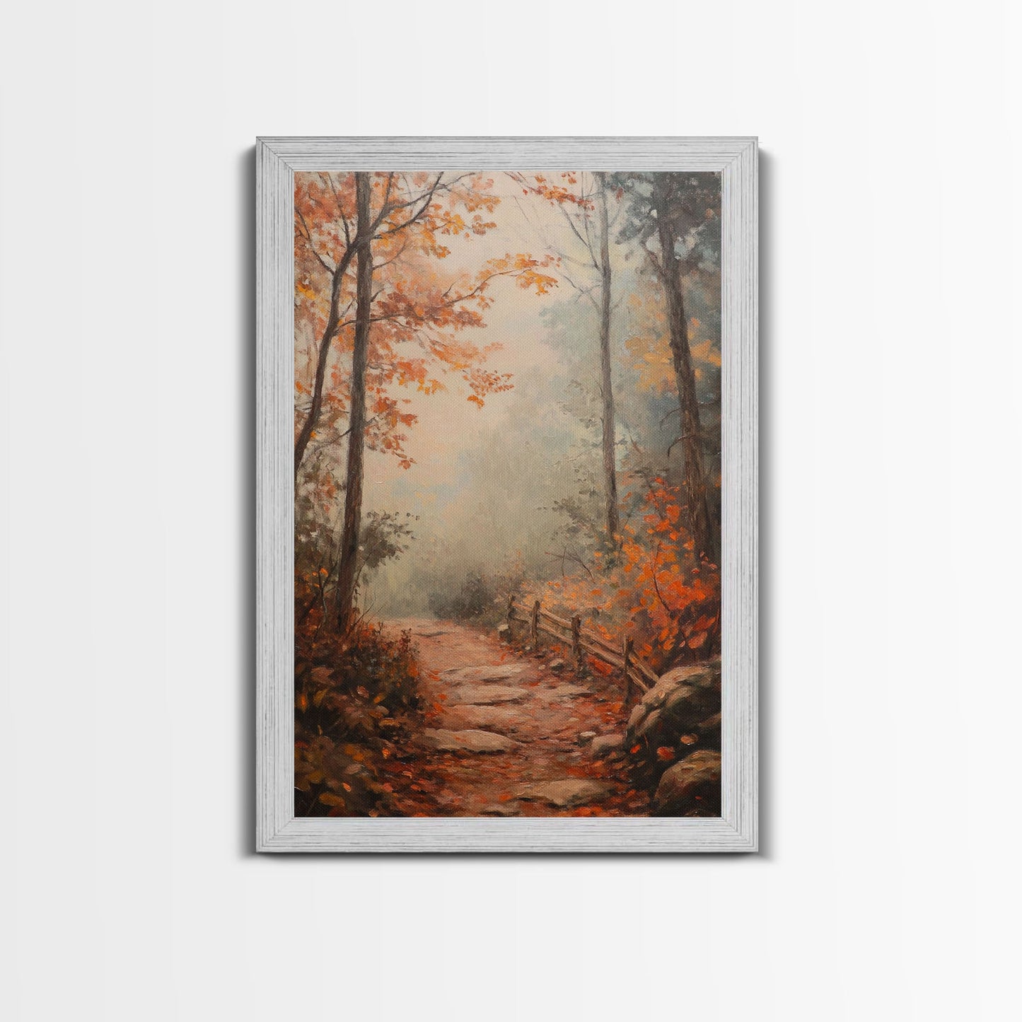Framed Canvas Print of a Fall Path with Fence and Trees, Autumn Wall Art, Rustic Country Decor, Best Gift Idea, Modern Farmhouse Fall Decor