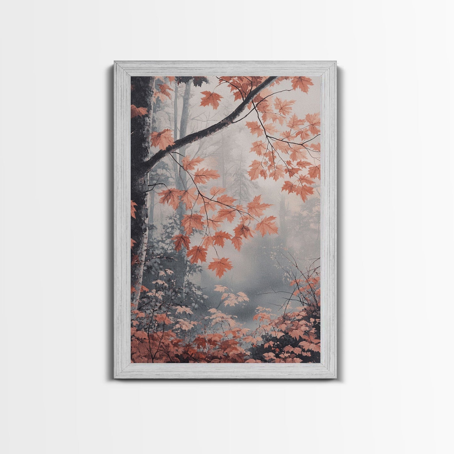 Framed Canvas Print of Fall Leaves on Branches in Misty Forest, Moody Landscape Wall Art, Fall Decor, Gift Idea, Farmhouse Seasonal Art