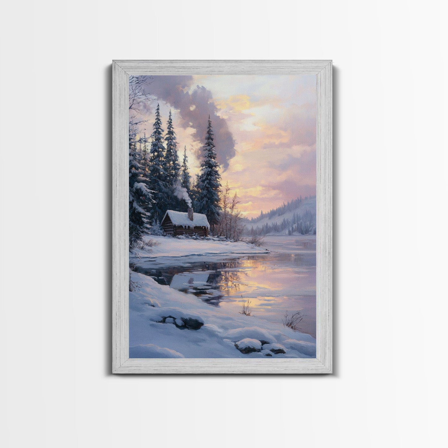 Cabin In Snowy Forest Framed Canvas Print Wall Art Winter Landscape Decor, Cozy Christmas Art Gift, Rustic Winter Wonderland Art