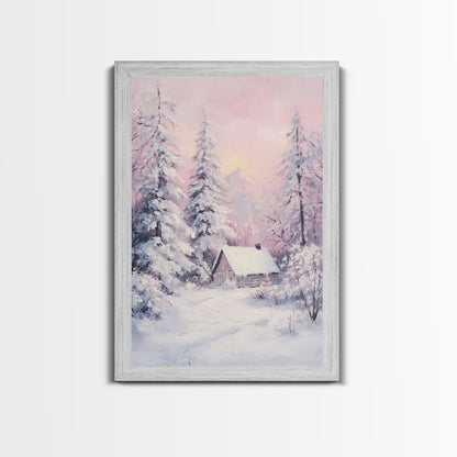 Pink Snowy Cabin Landscape Framed Canvas Print Wall Art Winter Wonderland Decor, Christmas Art Gift, Rustic Winter Scene Art