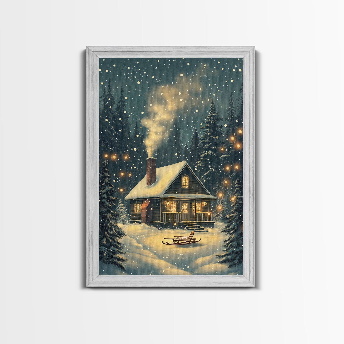 Cozy Cabin in Snowy Winter Forest, Warm Christmas Lights and Peaceful Holiday Scene, Perfect for Winter Wall Art, Framed Canvas Print