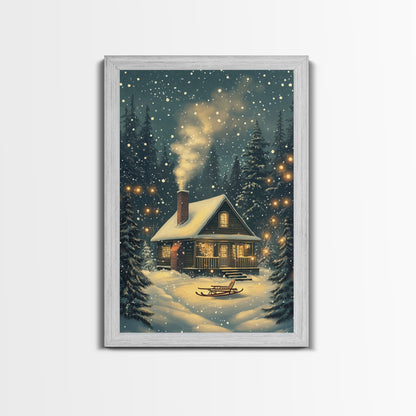 Cozy Cabin in Snowy Winter Forest, Warm Christmas Lights and Peaceful Holiday Scene, Perfect for Winter Wall Art, Framed Canvas Print