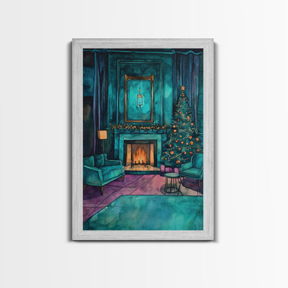 Cozy living room with Christmas tree and fireplace, Framed Canvas Print, Christmas wall art, perfect modern farmhouse holiday decor