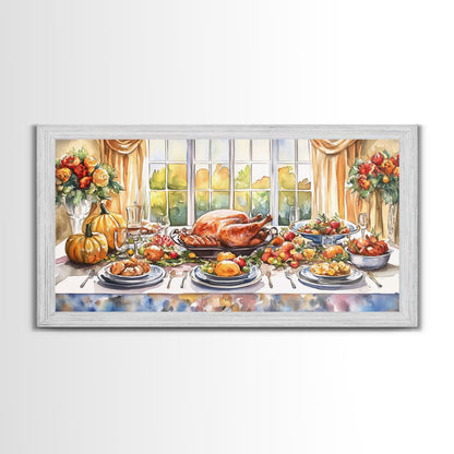 Framed Canvas Print Autumn Thanksgiving Dinner Table Art with Pumpkins, Perfect Fall Home Decor, Seasonal Wall Art, and Gallery Wall Piece