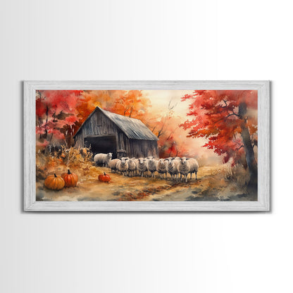 Framed Canvas Print Autumn Farm with Sheep and Pumpkins, Perfect Fall Decor, Rustic Country Home Wall Art, Seasonal Autumn Canvas Print