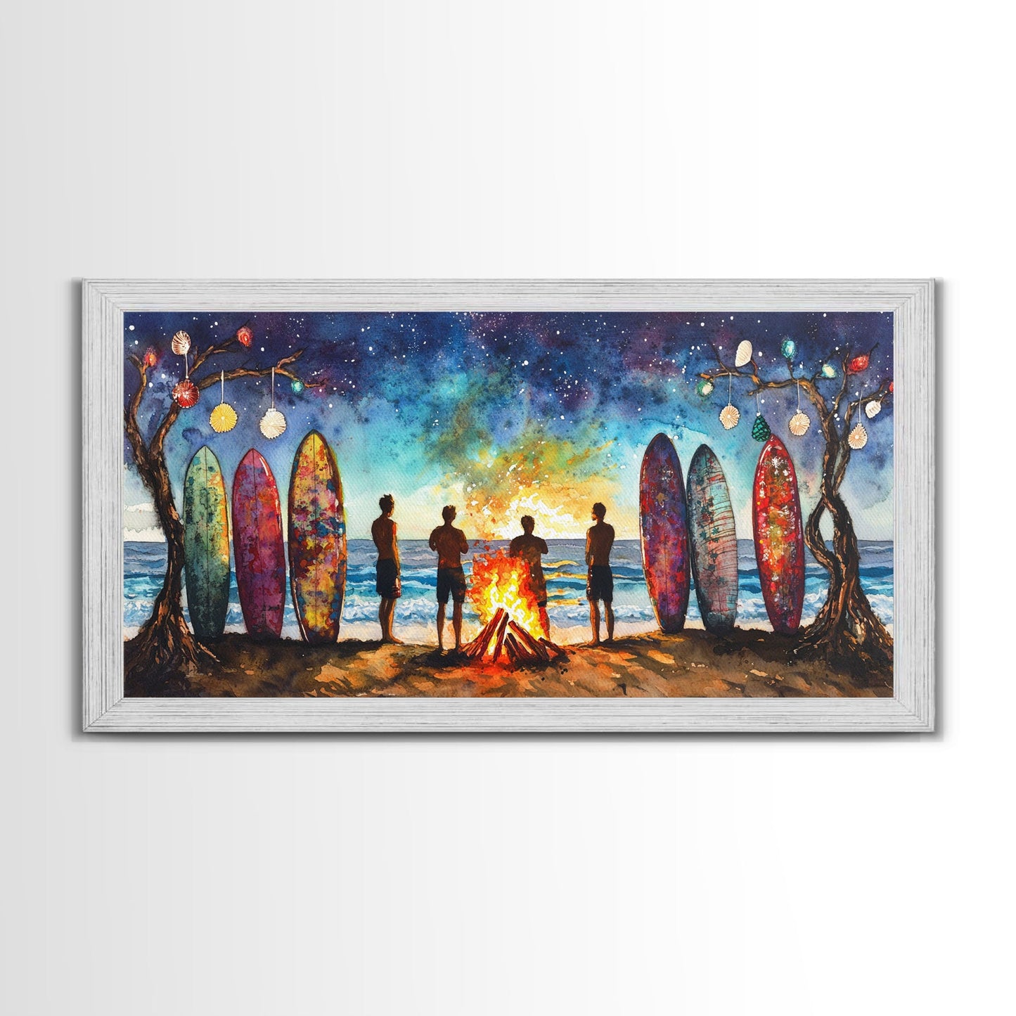 Canvas Print Beach Bonfire with Surfboards Under Stars, Coastal Christmas Art, Tropical Holiday Wall Art, Beach Christmas Decor
