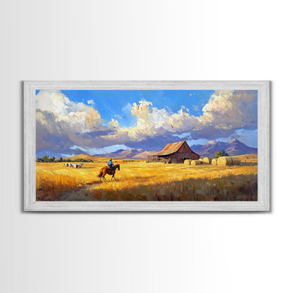 Lone Rider Crossing Golden Fields Tall Art Framed Canvas Print Rustic Cowboy Riding Horse Farmhouse Country Landscape With Cloudy Sky