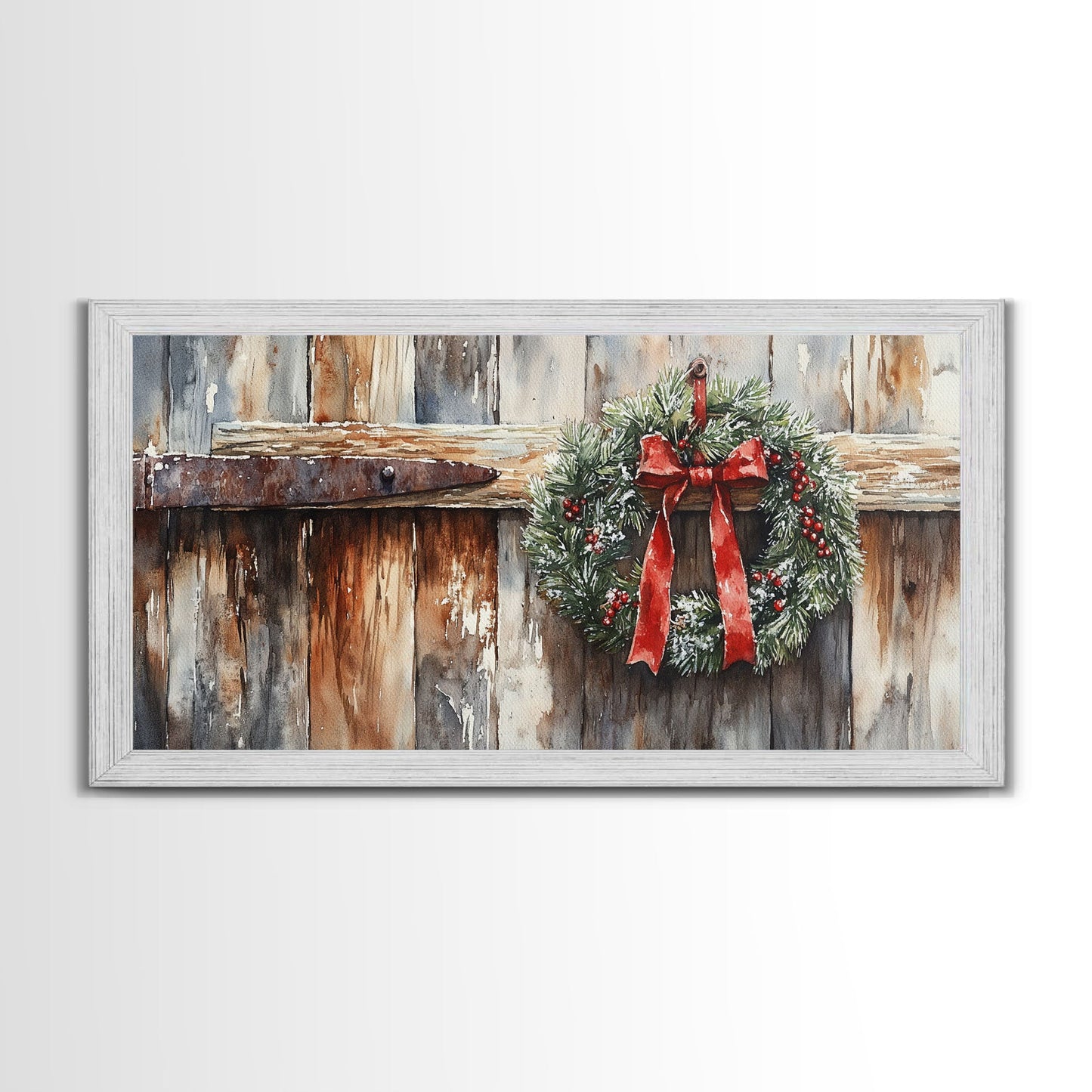 Rustic Wreath Red Ribbon Canvas Print Christmas Door Decor Farmhouse Christmas Wall Art Framed Canvas Print Christmas Outdoor Decor