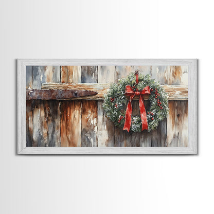 Rustic Wreath Red Ribbon Canvas Print Christmas Door Decor Farmhouse Christmas Wall Art Framed Canvas Print Christmas Outdoor Decor