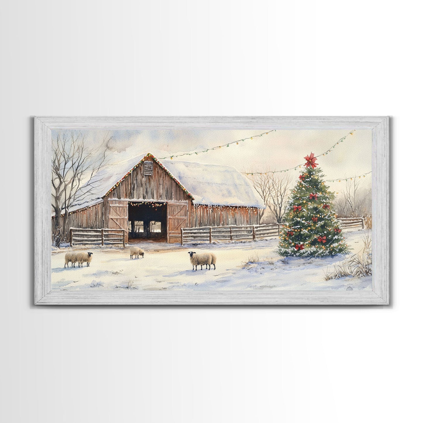 Christmas Barn Snow Sheep Canvas Print Christmas Farmhouse Decor Rustic Christmas Wall Art Framed Canvas Print Christmas Outdoor Decor