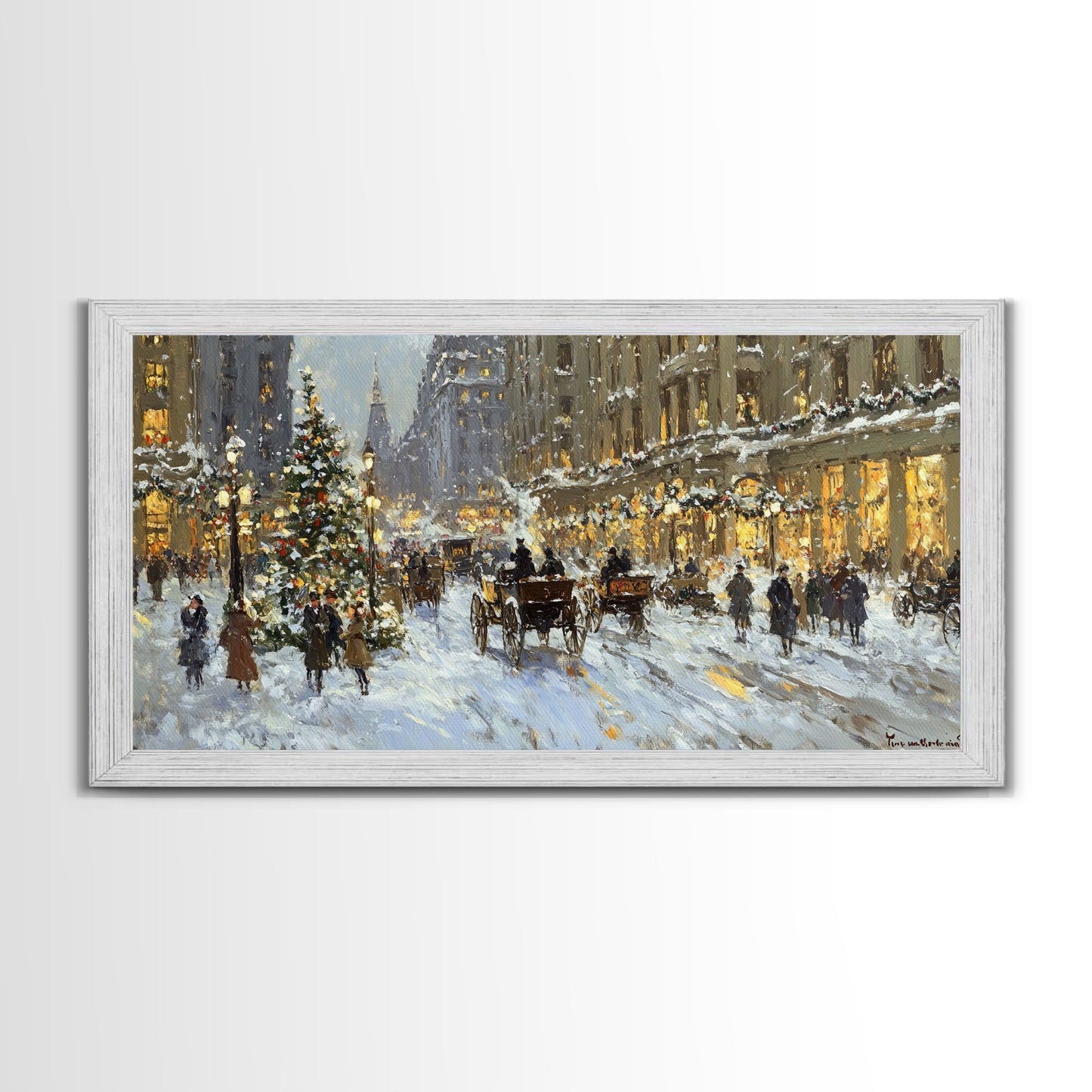 Bustling Christmas Street Scene Tall Art Framed Canvas Print Vintage Winter Holiday Scene With Horse-Drawn Carriages And Festive Lights