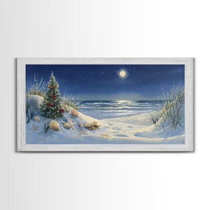 Christmas Tree on Snowy Beach with Full Moon, Framed Canvas Print, Coastal Christmas Art, Nautical Holiday Decor, Winter Wonderland, Beach