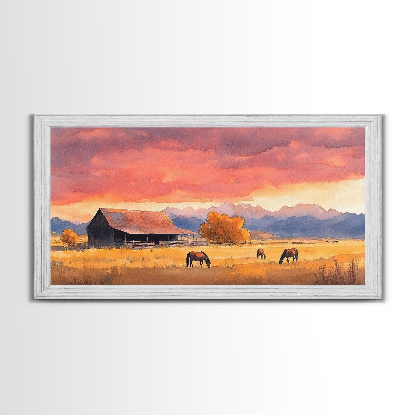 Rustic Mountain Barn Sunset Canvas Print | Autumn Farmhouse Wall Art | Fall Home Decor | Holiday Art Gift | Framed Canvas Print Wall Decor