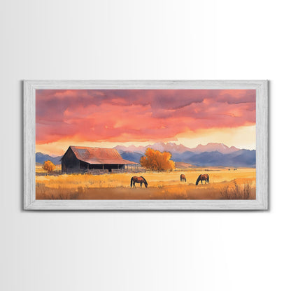 Rustic Mountain Barn Sunset Canvas Print | Autumn Farmhouse Wall Art | Fall Home Decor | Holiday Art Gift | Framed Canvas Print Wall Decor