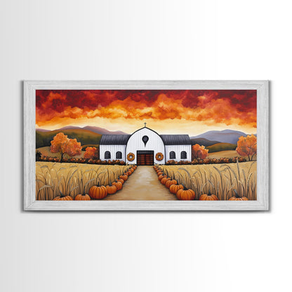Autumn pumpkin farm with barn, canvas print, fall farmhouse decor, rustic autumn home decor, cozy fall harvest wall art for seasonal display