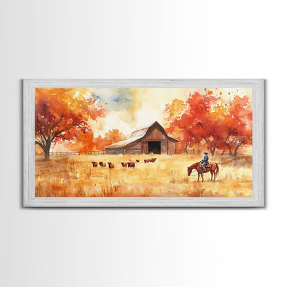 Cowboy on horse in autumn farm scene, framed canvas print, rustic fall decor, farmhouse home decor, cozy autumn landscape art, fall wall art