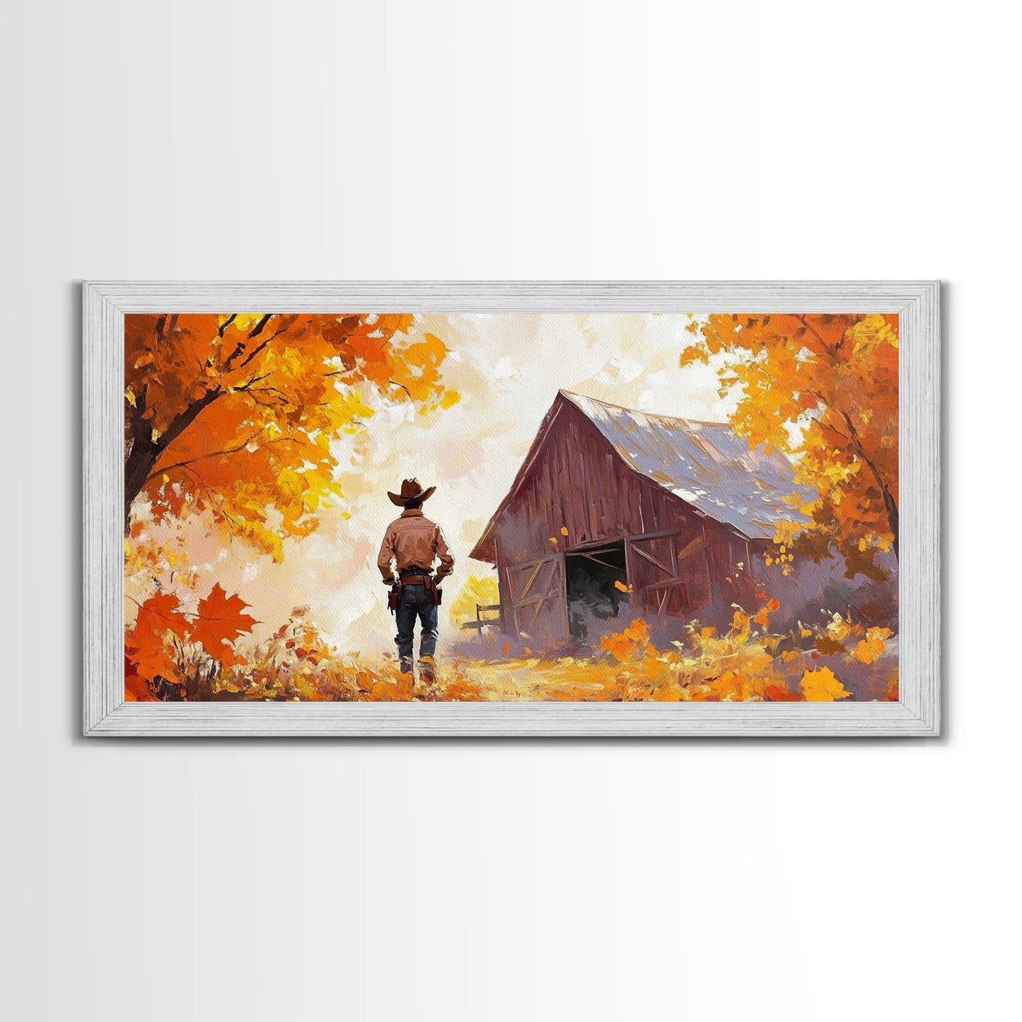 Cowboy and His Barn, Framed Canvas Print, Landscape Art Christmas Cowboy Holiday Art Wall Decor Seasonal