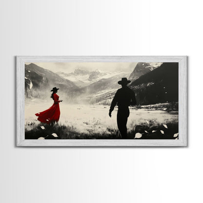 Winter Forest Cowboy Framed Canvas Print Christmas Cowboy Art Above Sofa Holiday Wall Decor Seasonal Winter Wonderland Gift