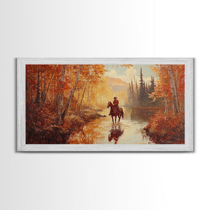 Black white cowboy riding toward snow-covered mountains, Framed Canvas Print, minimalist winter wall art, moody landscape, western decor