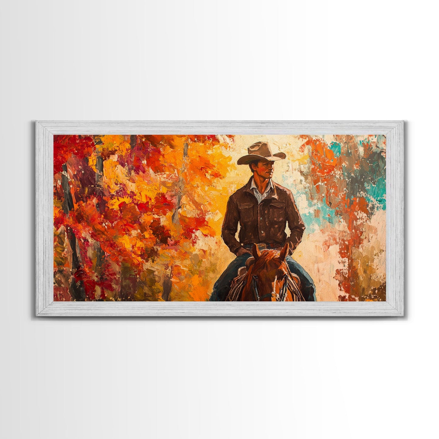 Cowboy Riding Through The Autumn Trees, Framed Canvas Print, Rustic Farmhouse Wall Art, Boho Style Seasonal Watercolor Painting