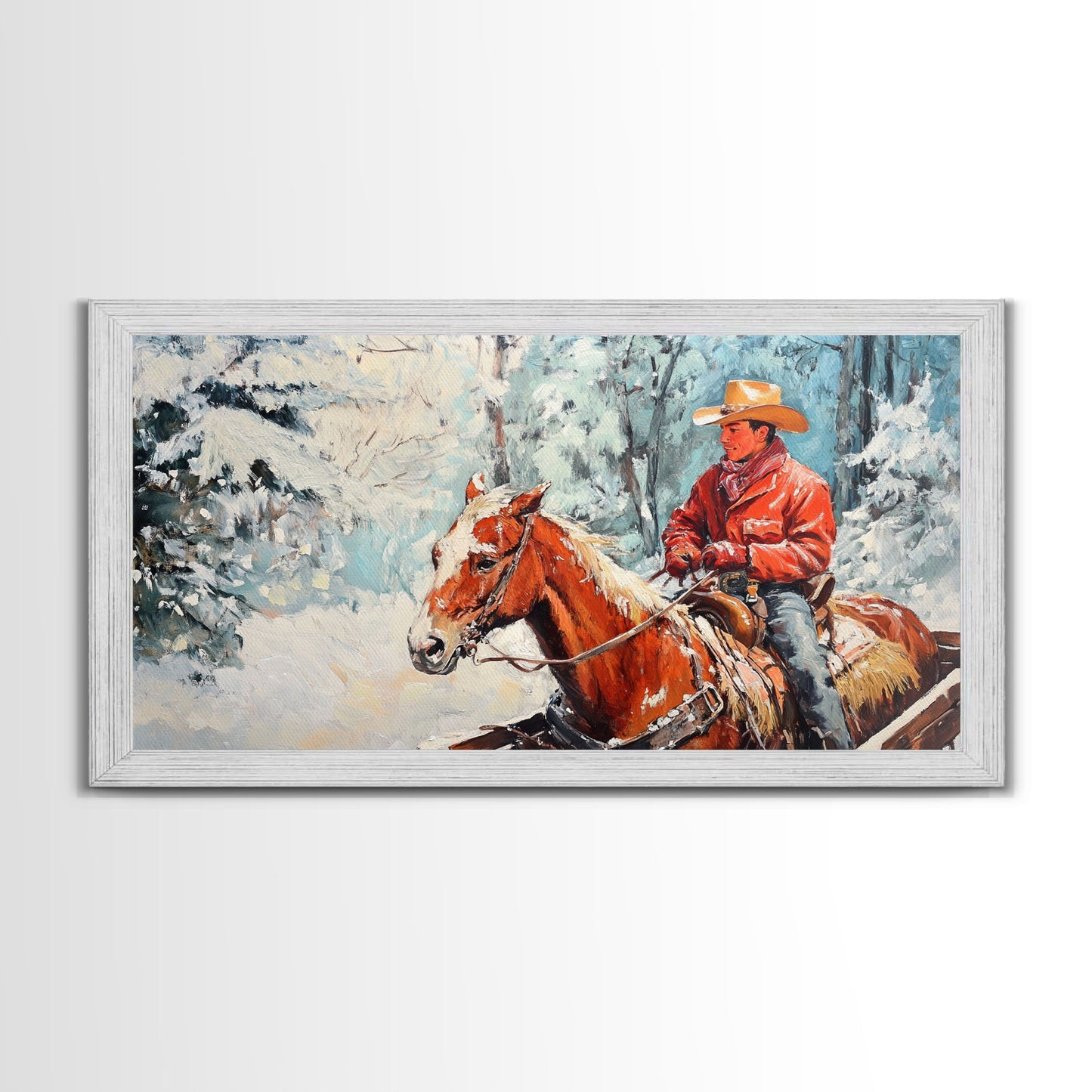 Minimalist Framed Canvas Print of a woman in a pink blouse and cowboy hat, offering modern farmhouse decor art with a hint of rustic charm