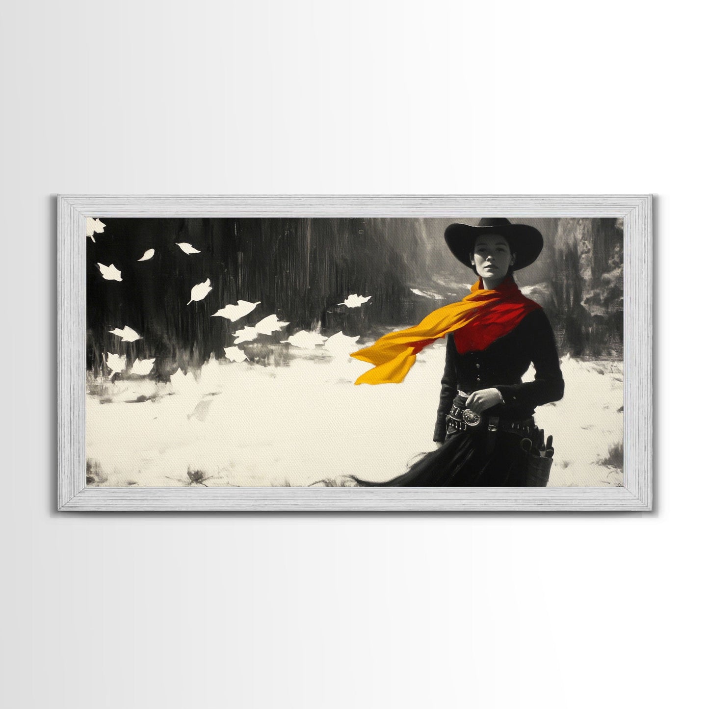 Bold Framed Canvas Print of a Cowgirl Riding Through Snow, Western Horse Art, Dynamic Winter Wall Decor and Christmas Holiday Gift Idea