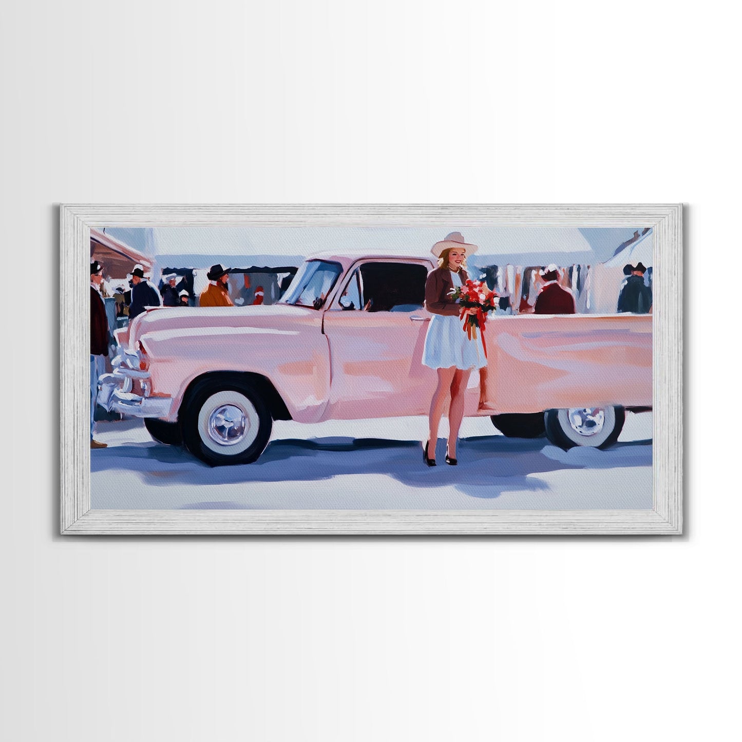 Cute Cowgirl and Her Pink Truck, Framed Canvas Print, Retro Pink Fall Decor, Wall Art Fall Home Decor, Ideal Gift Idea Rustic Seasonal Decor