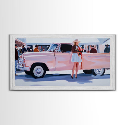 Cute Cowgirl and Her Pink Truck, Framed Canvas Print, Retro Pink Fall Decor, Wall Art Fall Home Decor, Ideal Gift Idea Rustic Seasonal Decor