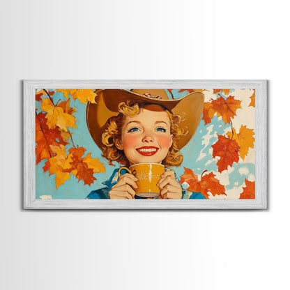 Cowgirl Having A Cup Of Joe, Framed Canvas Print, Farmhouse / Western Rustic Charm, Seasonal Art Piece to Warm Up Your Home Decor This Fall