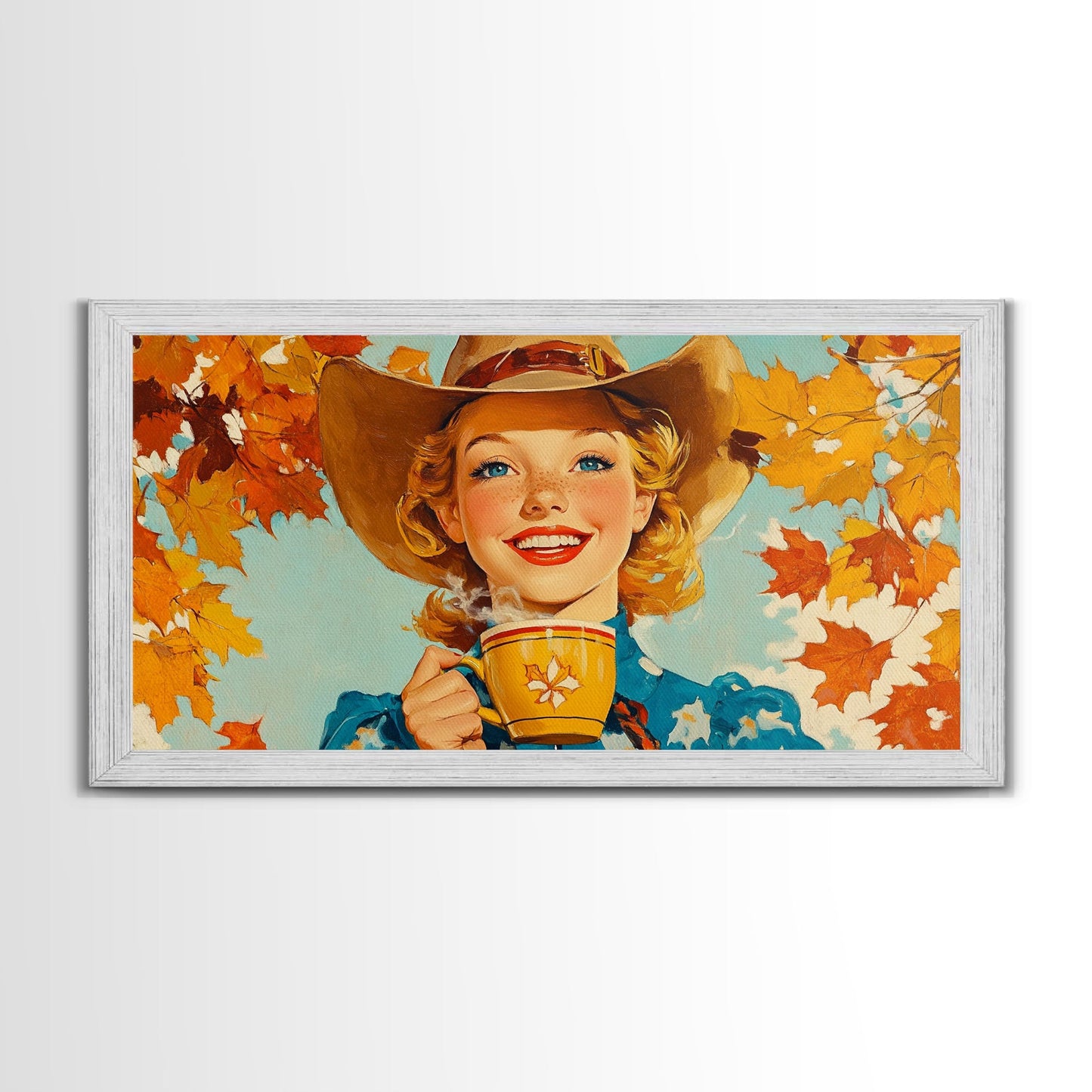 Happy Cowgirl Enjoying Hot Cocoa, Framed Canvas Print, Cute Fall Decor, Rustic Farmhouse Wall Art, Retro Style Trendy Autumn Decor
