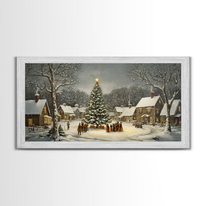 Large Christmas Tree In Snowy Village With Families, Winter Wonderland Holiday Wall Art, Framed Canvas Print, Rustic Christmas Decor