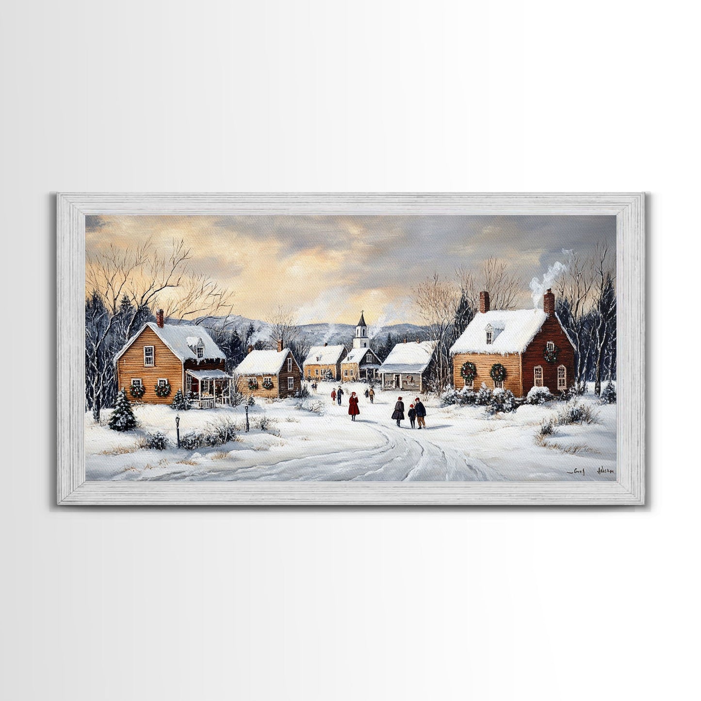 Snowy Village Church Scene, Rustic Christmas Landscape Wall Art, Winter Wonderland Framed Canvas Print, Country Holiday Home Decor