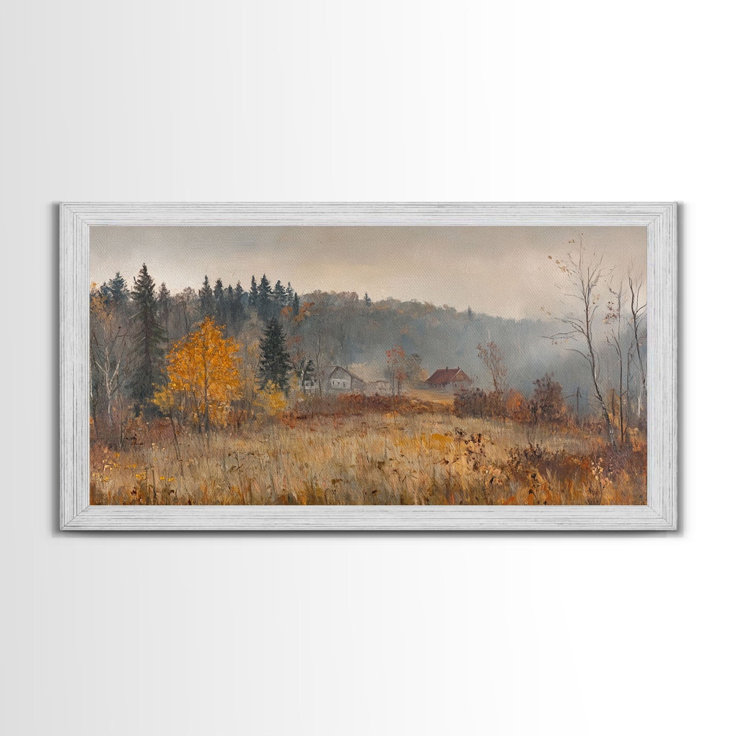 Early American Style Landscape Painting, Framed Canvas Print, Christmas Holiday Wall Art for Seasonal Winter Decor