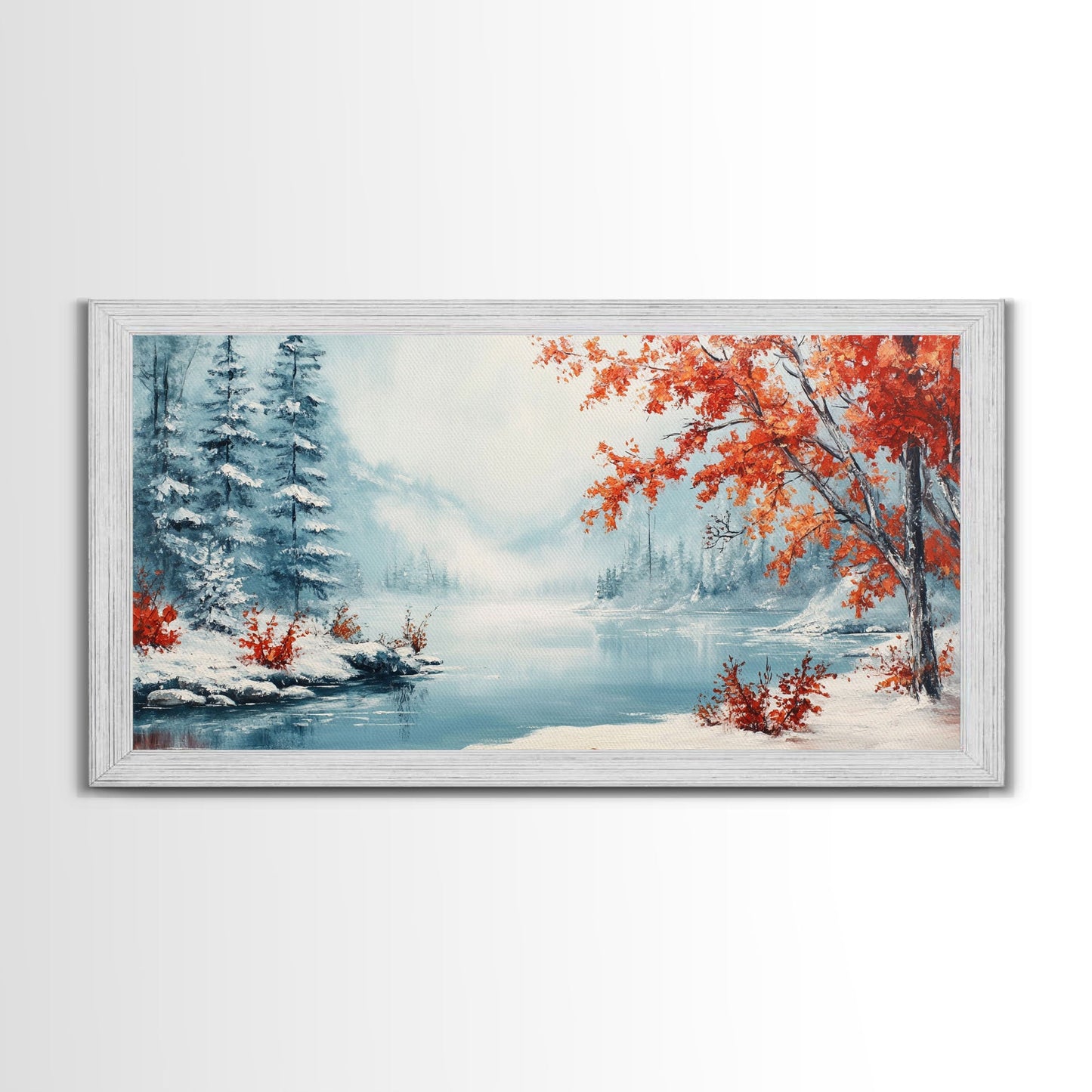 Painting Of A Forest In Winter, Framed Canvas Print with Wreaths, Perfect Christmas Holiday Decor, Ideal Winter Wall Art Gift
