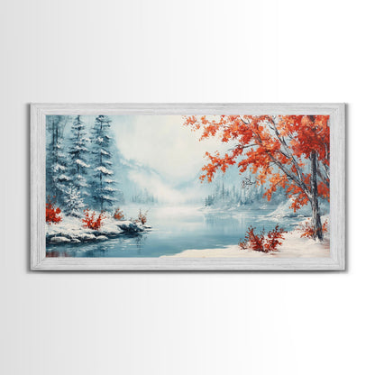 Painting Of A Forest In Winter, Framed Canvas Print with Wreaths, Perfect Christmas Holiday Decor, Ideal Winter Wall Art Gift