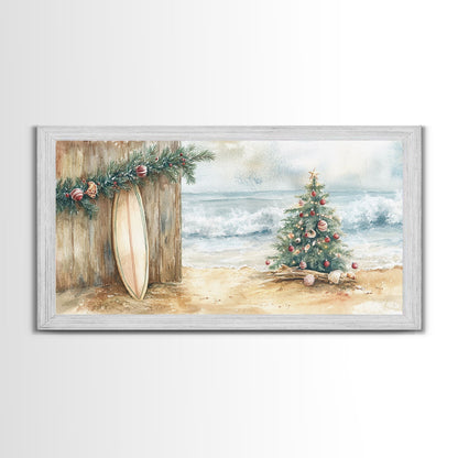 Christmas Tree On Sandy Beach With Surfboard Coastal Decor Framed Canvas Print, Beach Christmas Decor Wall Art