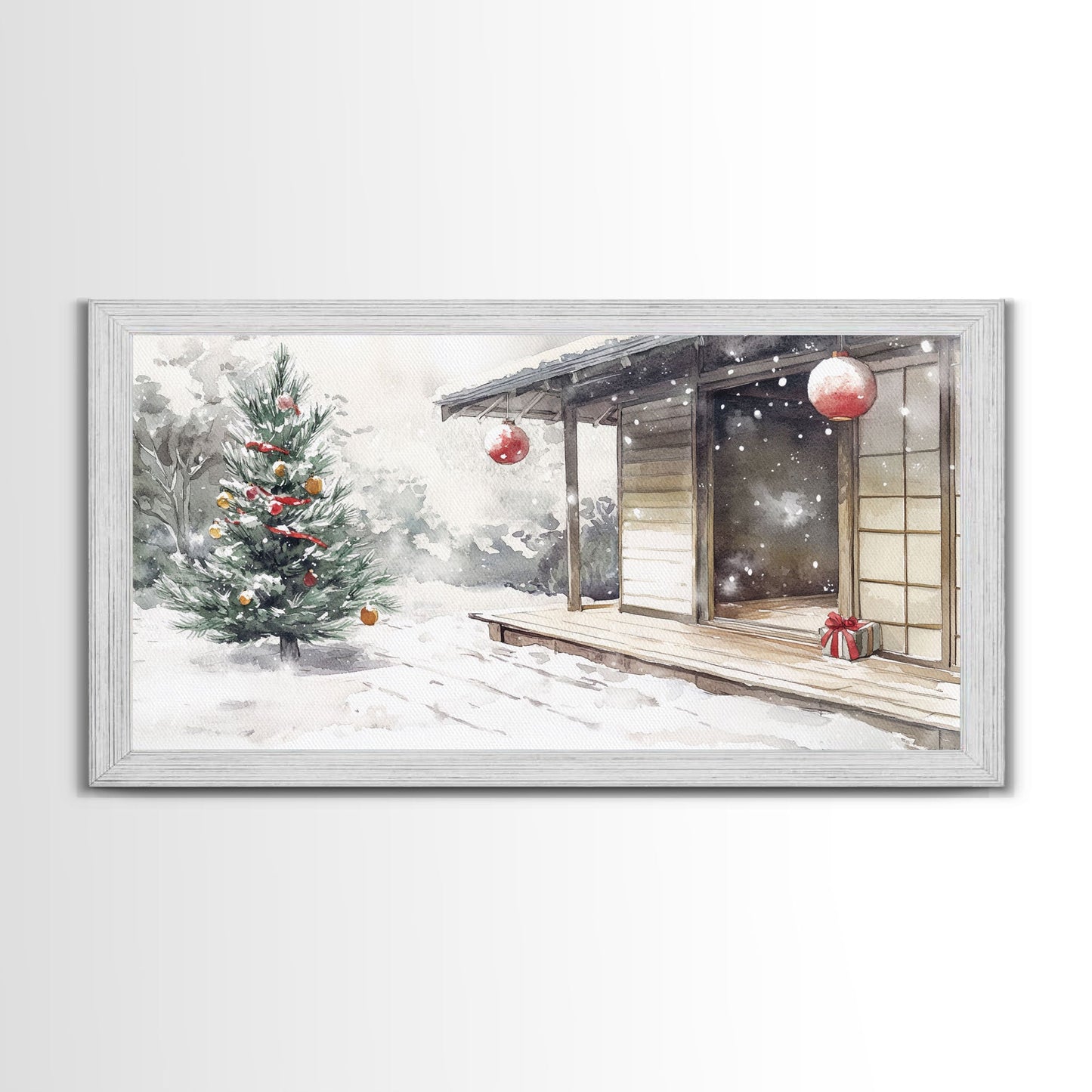 Minimalist Japanese Christmas Scene Framed Canvas Print, Snowy Holiday Decor with Simple Tree and Lantern Perfect Holiday Art