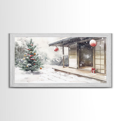 Minimalist Japanese Christmas Scene Framed Canvas Print, Snowy Holiday Decor with Simple Tree and Lantern Perfect Holiday Art