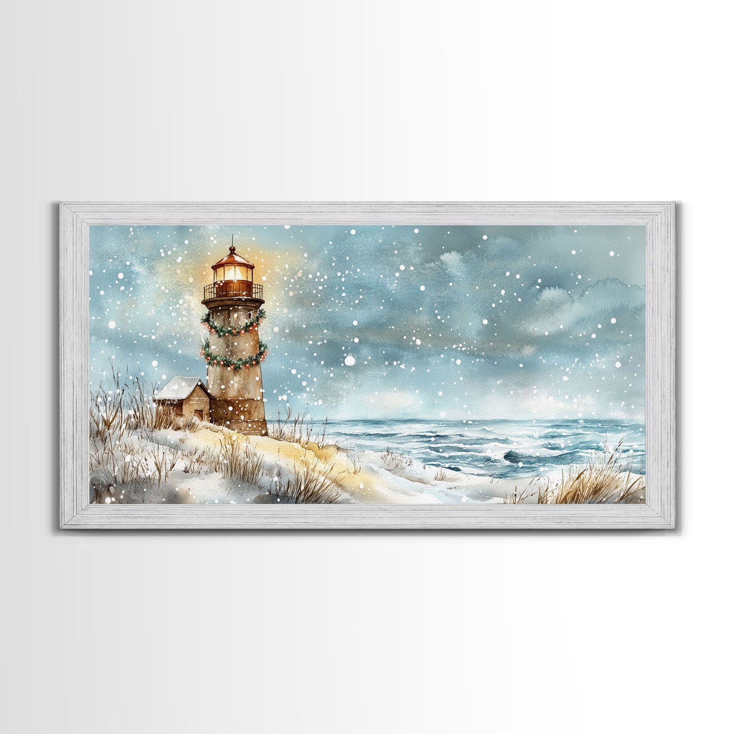 Coastal Christmas Lighthouse Decor Framed Canvas Print, Snowy Beach Scene with Holiday Wreath and Lighthouse Winter Wall Art