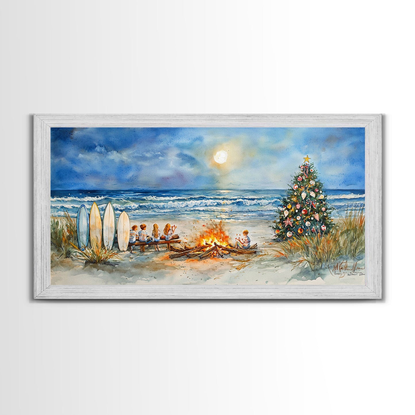Christmas bonfire on the beach with surfboards and decorated tree, framed canvas print ideal tropical holiday wall art decor
