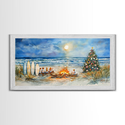 Christmas bonfire on the beach with surfboards and decorated tree, framed canvas print ideal tropical holiday wall art decor