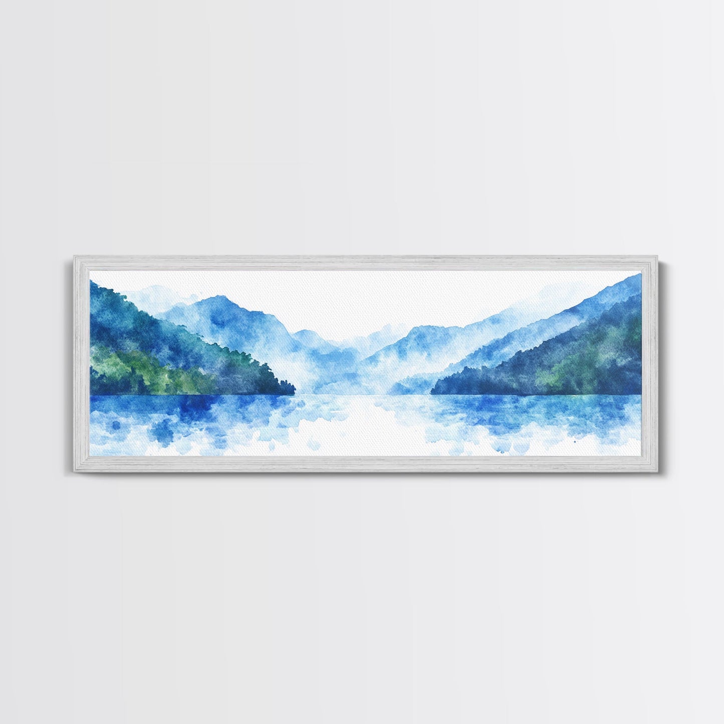 Reflections - Foggy Mountain Morning - Watercolor Painting Print - Wood Framed Wall Art - Panoramic Painting